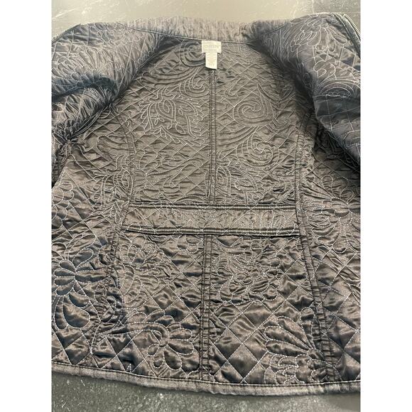 Chico's Charcoal  Black Floral Quilted Jacket Blazer 3/XL Faux Leather accents - Picture 13 of 13